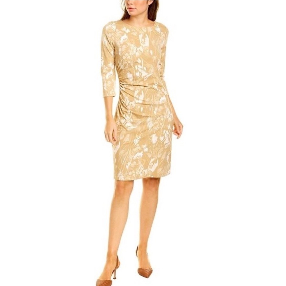 J.McLaughlin Sage Dress Beige Camel Floral Cay Ruched Sheath NWT Size M